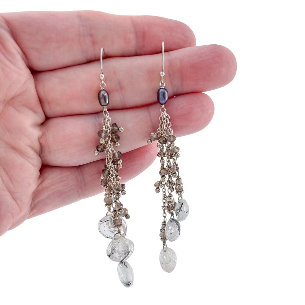 Vintage Sterling Silver 925 Rutilated Smoky Quartz Pearl Dangle Earrings